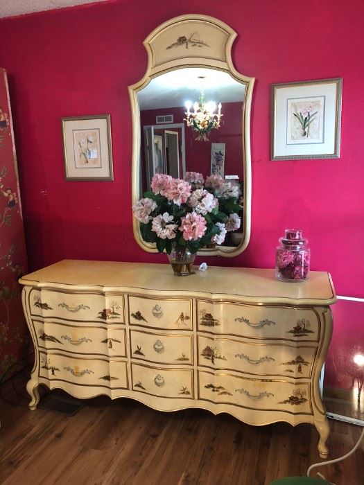 Bow front dresser, with raised Asian scenery on drawers, have matching king size headboard and end table