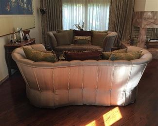 Pair of custom sofas and pillows in excellent condition.