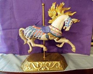 Large, 14”x14” ceramic carousel horse on heavy brass stand.
