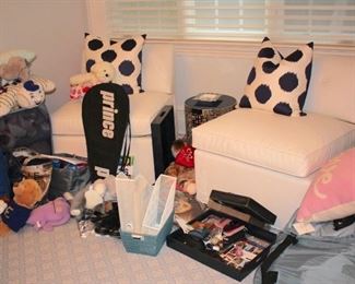 Pair of Chairs and Black & White Accent Pillows with Toys and other Household Items