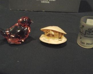 Fenton bird figurine, celluloid clam shell village, say when shot glass 