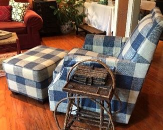 Custom French Blue checkered upholstered lounge chair and matching ottoman (Photos by BC) 