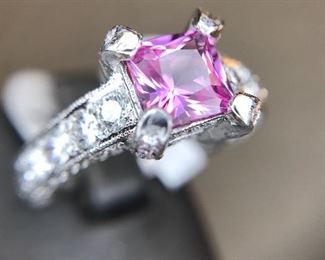 Platinum set with genuine pink sapphire and diamonds 