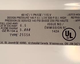 KitchenAid Side by Side Refrigerator KSRA25ILSS13	70x36x36in	HxWxD