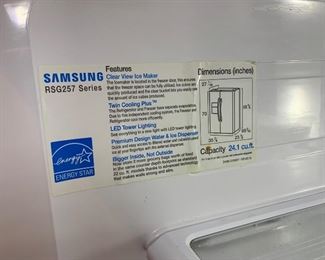 Samsung 24.1 cu ft Side-By-Side Refrigerator RSG257AARS	70x36x29in	HxWxD