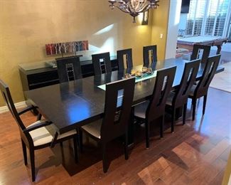 Contemporary Dark Wood & Steel Dining room Table w/ 10 Chairs	30x44x86-124in	HxWxD
