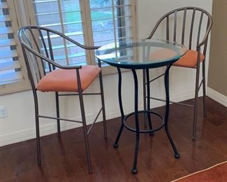 Iron & Glass Counter Height Bistro Set	37in H x 28in Diameter.       chairs: 45x21x20 seat height 30	
