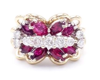 Radiant Natural Ruby and Diamond Estate Ring in 14k Yellow Gold
