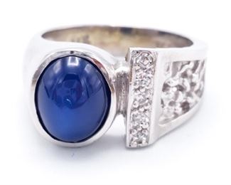 Star Sapphire and Diamond Estate Ring in 14k White Gold
