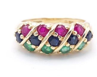 Natural Ruby, Emerald, and Sapphire Estate Ring in 14k Yellow Gold