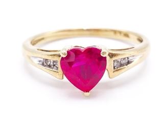Bright Pink Sapphire and Diamond Estate Ring in 10k Yellow Gold