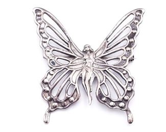 Sterling Silver Lang Art Nouveau Style Female Figural Butterfly Estate Pin