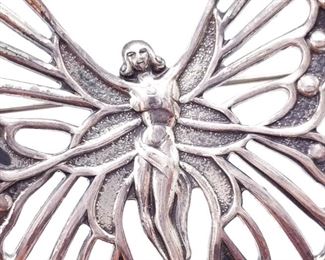 Sterling Silver Lang Art Nouveau Style Female Figural Butterfly Estate Pin