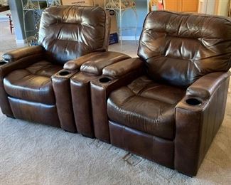 Leather Blend Recliner Chair #1	37x35x40in	HxWxD
Leather Blend Recliner Chair #2	37x35x40in	HxWxD
Leather Blend Center Console	26x26x24	HxWxD