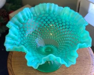 Fenton Hobnail Green Opalescent Footed Compote	 