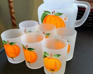 Hand Painted Orange Pitcher & 6 Glasses	