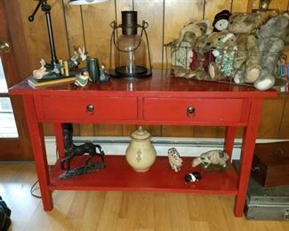 Painted red sofa table.