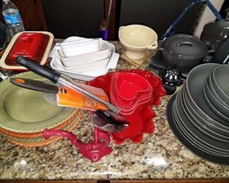 Lots of dishes. Le Creuset, Staub, Pottery Barn, Pier One, Lenox, Calphalon, Williams-Sonoma, Villeroy & Boch, Mackenzie Childs and more!