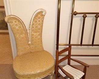 Pair of Hollywood regency chairs. Brass headboard