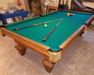 Antique Brunswick-Balke-Collender 1886 style "Manhattan" pool table - available now for purchase! 9' Champion play table. (not regular 8') Finest Vermont slate. Made of quarter sawn oak and burned ash.  Adjustable carom plugs with iron fasteners. Very important feature for perfect balance and stability. Unique to a few select antique tables. 