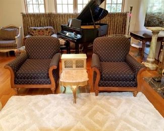 Matching end table. Pair of brown armchairs