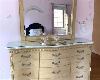 Broyhill Queen/King bedroom set...Dresser with marble top, custom glass and mirror