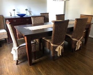 Table measures 39 1/4” across and 94 3/4” long. No leaves. Sold as a set with 8 chairs.