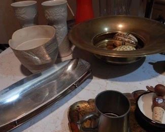 Mid century serving bowls/trays. Arabia pair of vases, brass bowl, mid century enamel ware carafe and much more.