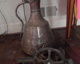 Copper carafe(large) and old apple peeler.