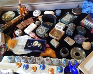 Collectibles...salt and peppers, jewelry, metals, lacquer boxes, memorabilia.