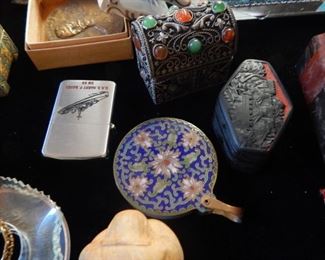 Vintage military lighter, boxes, art pieces.