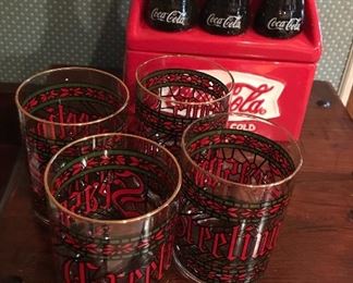 Coca Cola cookie jar, Christmas glasses