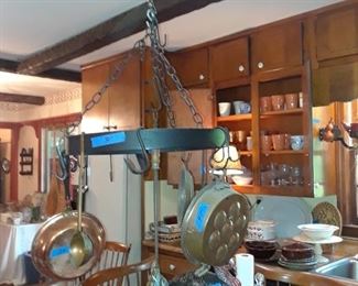 Hanging pot rack and copper skillets