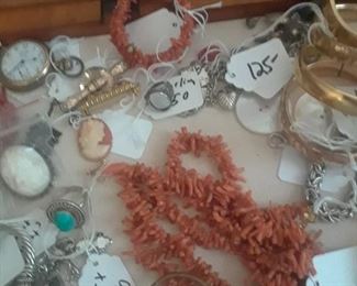 Sterling, coral. Cameos, pocket watch