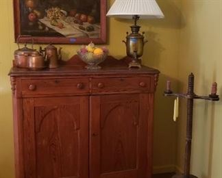Jelly cupboard, urn lamp. Copper vessels