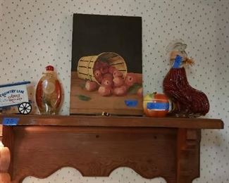 Wall shelf, unframed oil of apples spilling from a farm basket