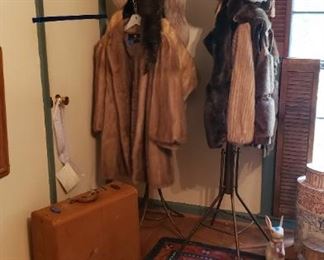 Furs, hats, suit case and Oriental rug