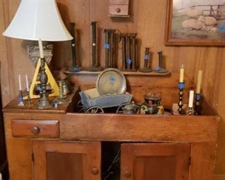 Antique dry sink, candle molds, pewter plate, other accessories