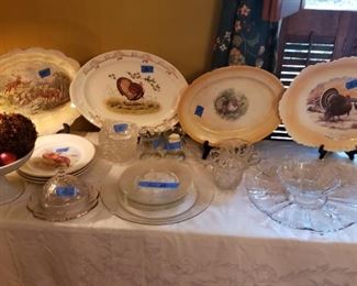Turkey platters, hunt scene platter. Compotes, elegant glass tray  covered EAPG buttet