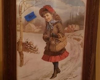 Victorian girl with basket antique lithograph