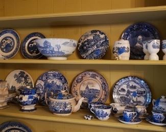 Blue and white teapots, bowls. Plates, cups and saucers