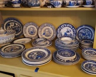 Blue willow sets and some Staffordshire transferware