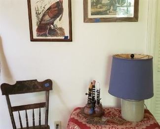 Hitchcock chair, candleholders, lamp