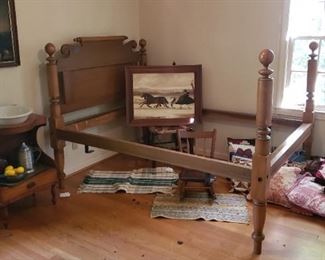 Bed, wash stand, chair for child, sleigh print, and more