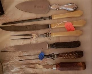 Carving knives, forks with antler and celluloid handles