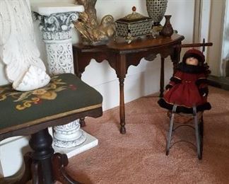 Piano stool, demi-lune table, pedestal, doll & buggy