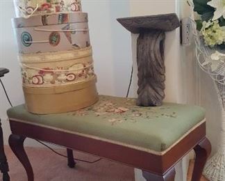 Bench w/needlepoint & hat boxes