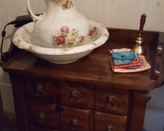 Wash bowl set and one of two side tables
