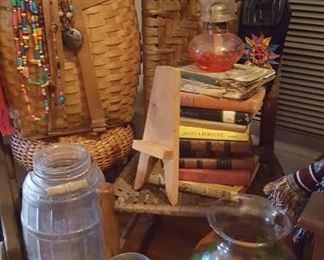 Large baskets, woven seat & back chair, large jars