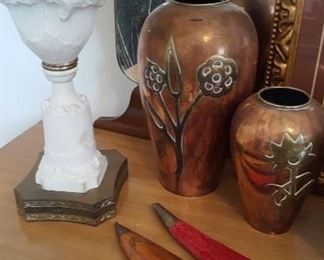 One of a pair of porcelain lamps & copper vases